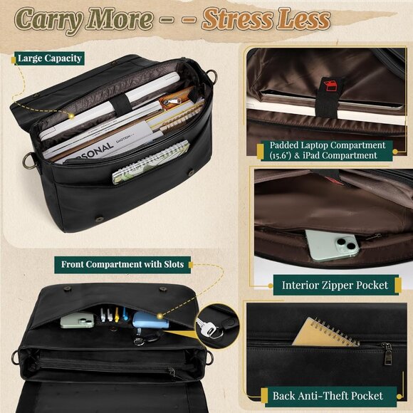 Men's Black Pu Vintage Laptop Bag 15.6 Inch Waterproof Retro Satchel Briefcase - Picture 3 of 7